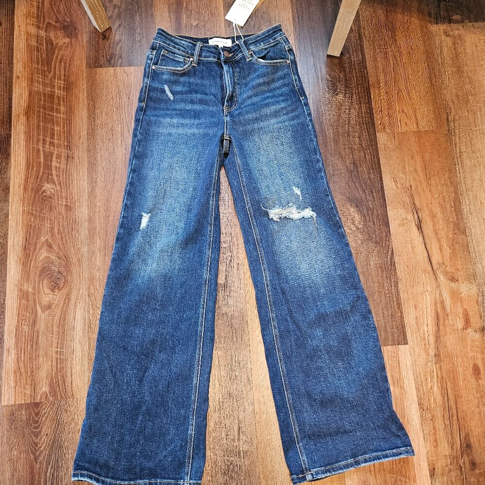 Risen Distressed Dark Wash Wide Leg Jeans